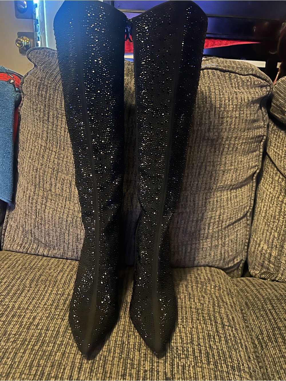 Windsor Black Crystal-Studded Over-the-Knee Stretch Boots